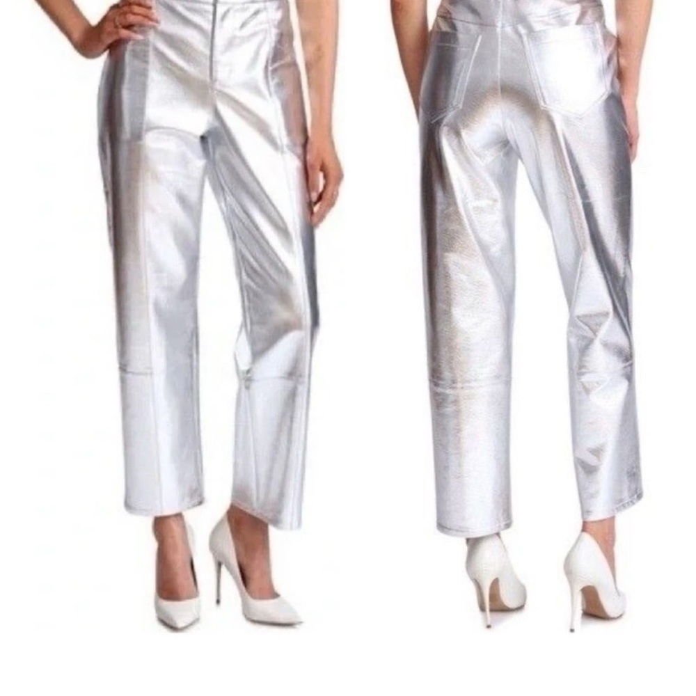 Avec Les Filles Silver Metallic Cropped Pants